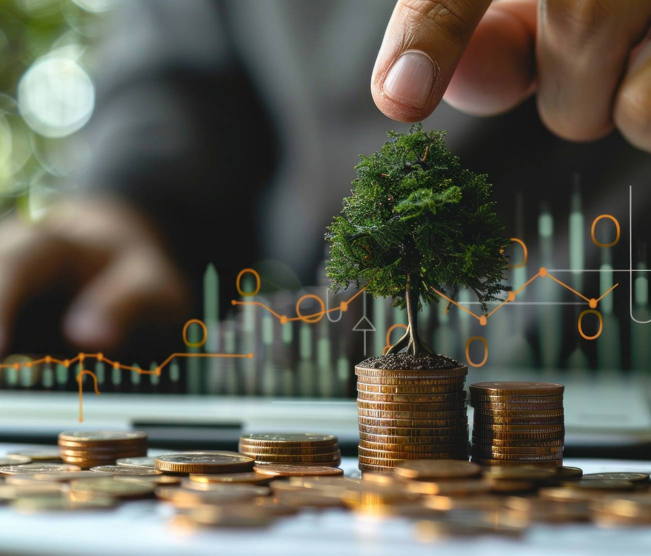 A small tree growing from a stack of coins, with a hand placing a coin on top and a financial line chart in the background.