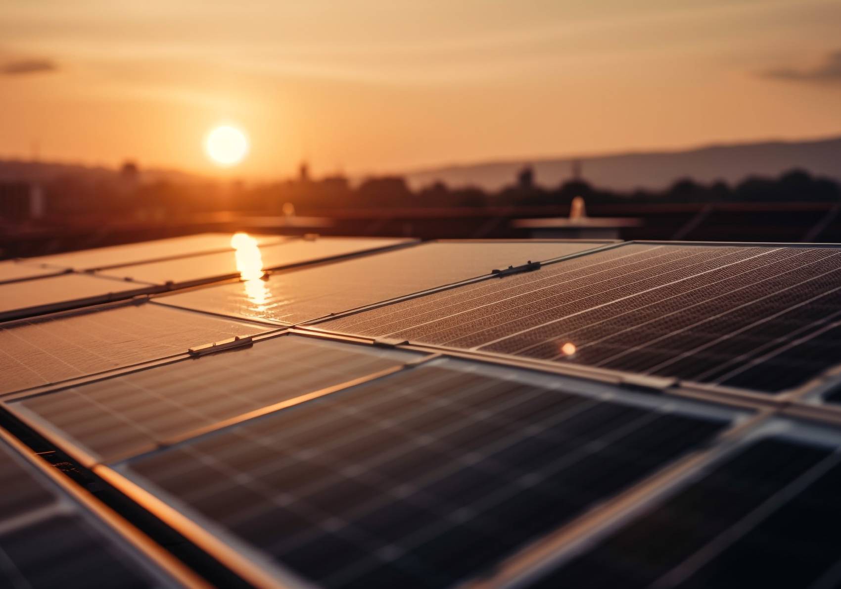 Rows of rooftop photovoltaic panels reflecting a low orange sun on the horizon.