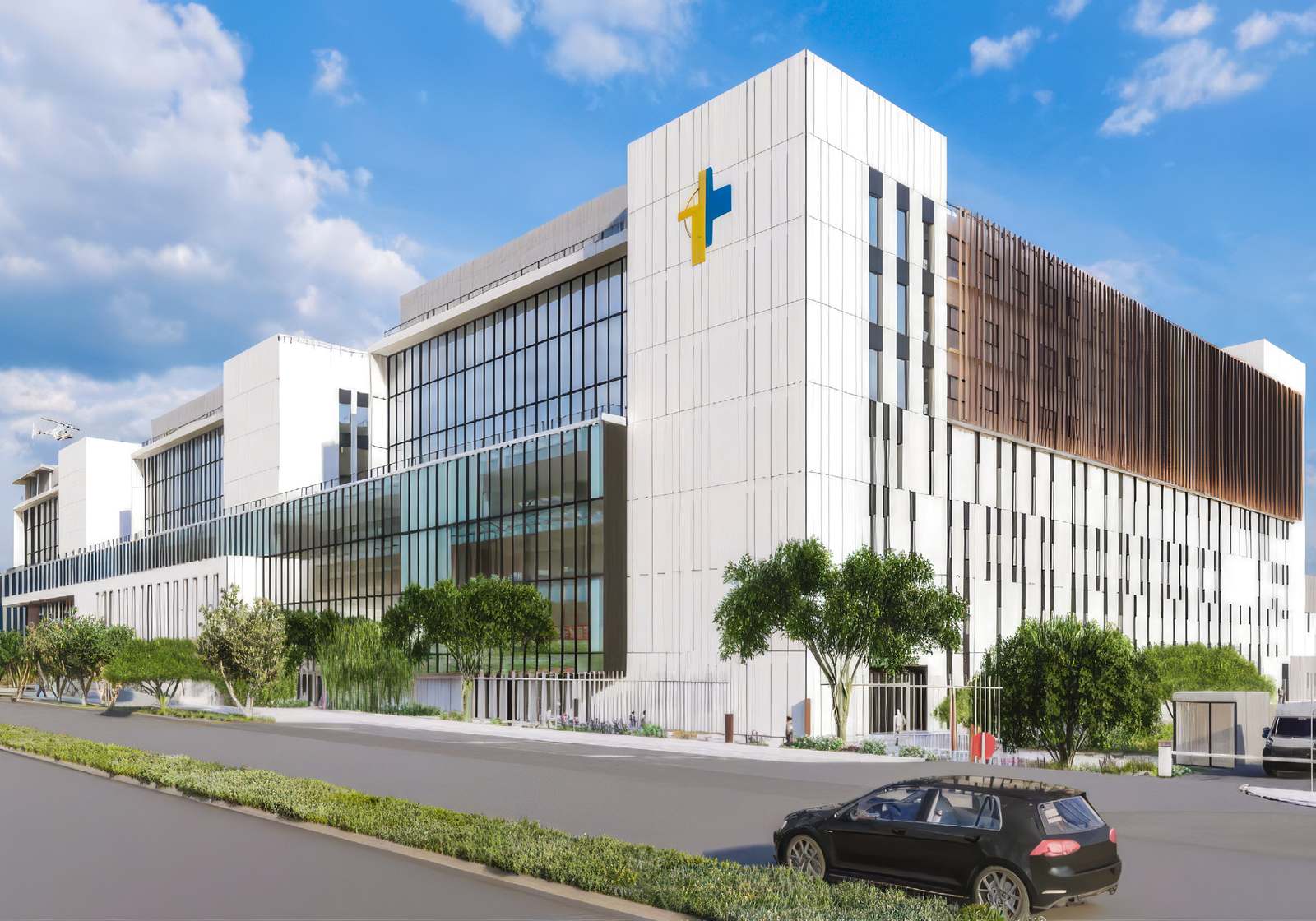 Architectural render of the new Coquimbo Hospital: a long white and timber-clad building with a yellow and blue cross on its facade.