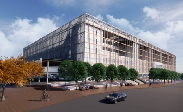 Street-level render of the finished hospital with pedestrians, cyclists and trees along the front elevation.