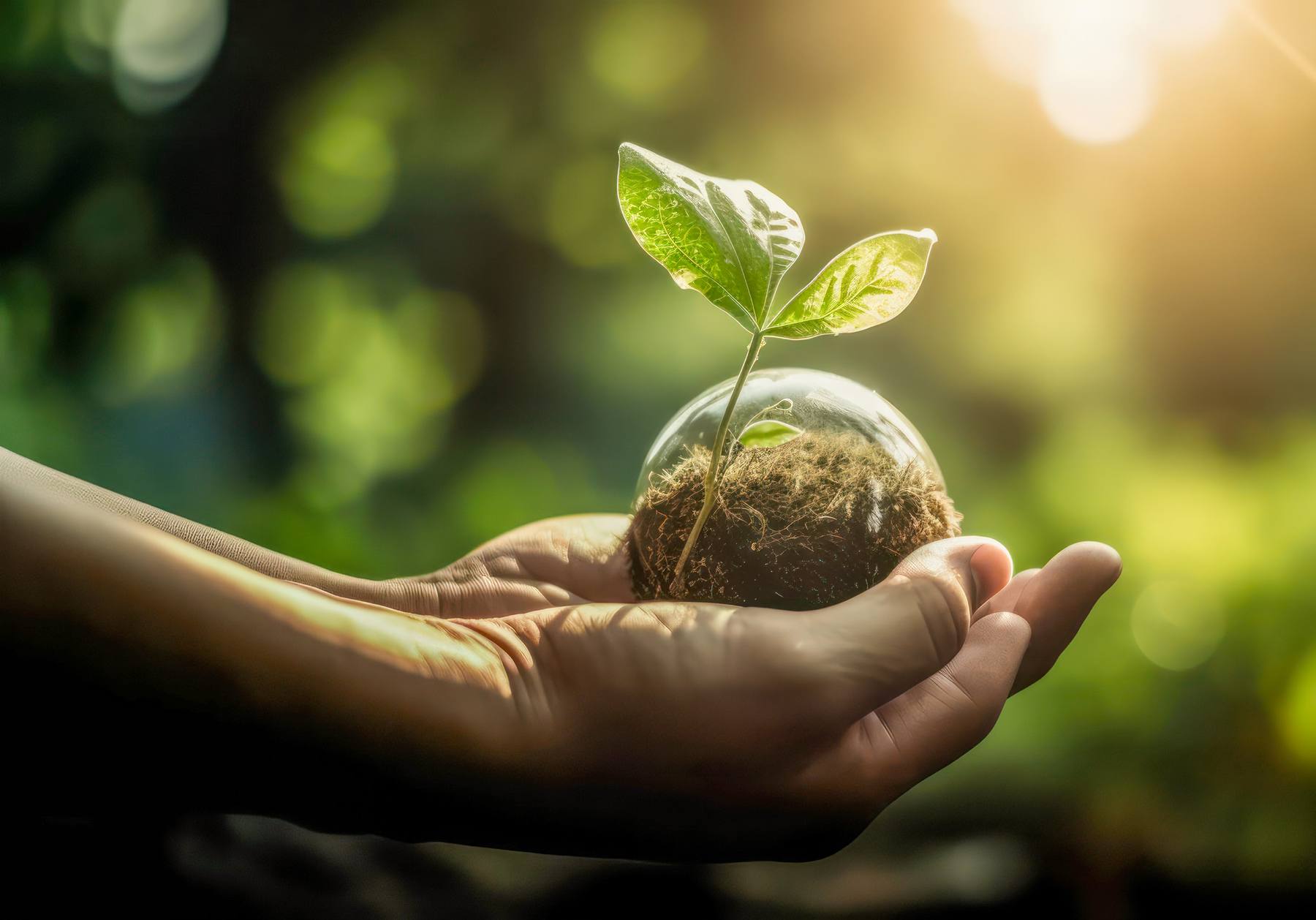 Open hands holding a soil sphere enclosed in glass, with a young sprout growing from it, against sunlit foliage.