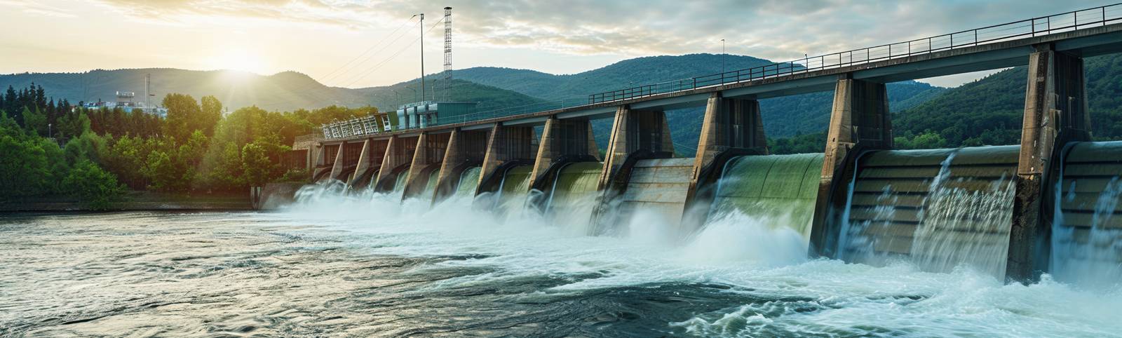 Water pouring through the spillways of a hydroelectric dam between forested hills at sunrise.