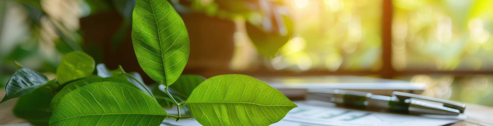 Close-up of glossy green leaves on a desk beside a pen and papers, backlit by a sunlit window.